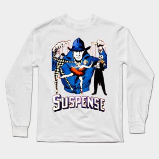 Suspense of the mystery man pulls the strings of destiny. Harlequin puppets, classical dancer and death playing the violin. Retro Vintage Comic Book Long Sleeve T-Shirt